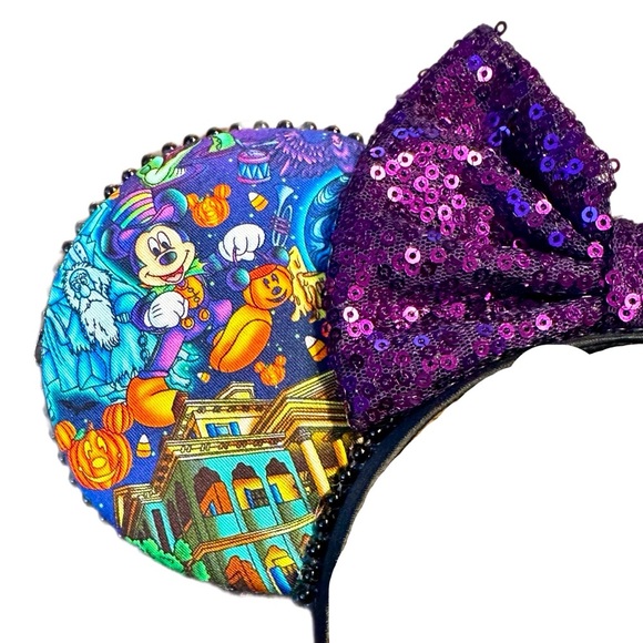 Women’s Handmade Disney Inspired Halloween Themed Purple Sequin Bow Mouse Ears - Picture 2 of 6
